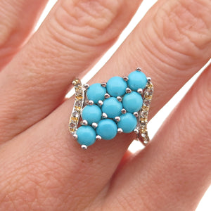 925 Sterling 2-Tone Real Sleeping Beauty Turquoise & White Topaz Ring Size 7.25