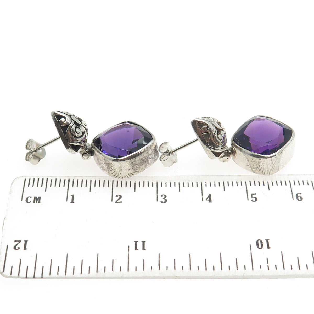 925 Sterling Silver Vintage Real Cushion-Cut Amethyst Ornate Dangling Earrings