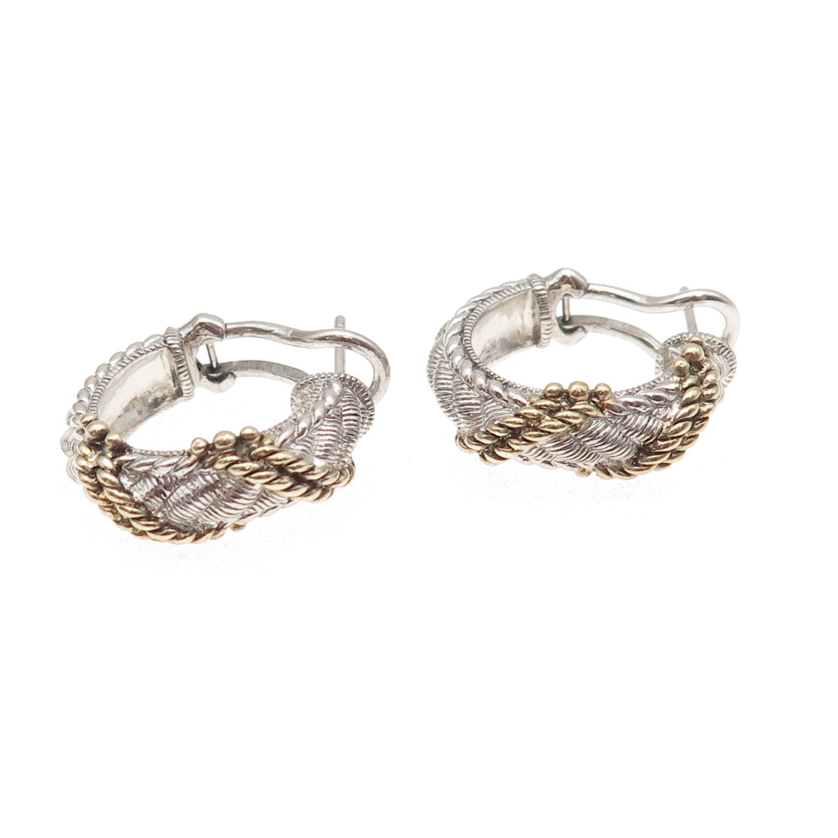 JUDITH RIPKA 925 Sterling Silver 2-Tone Roped Omega Back Hoop Earrings