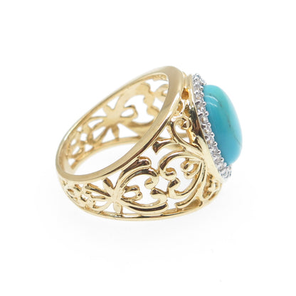 ROSS SIMONS 925 Sterling Silver Gold Plated Faux Turquoise & C Z Ring Size 6.25
