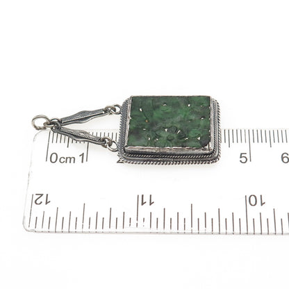 925 Sterling Silver Antique Art Deco Real Jade Carved Floral Chatelaine Pendant