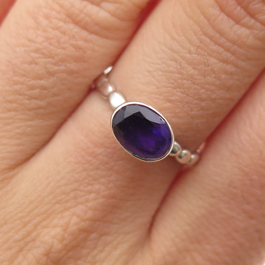 925 Sterling Silver Vintage Real Oval-Cut Amethyst Bubble Ring Size 7