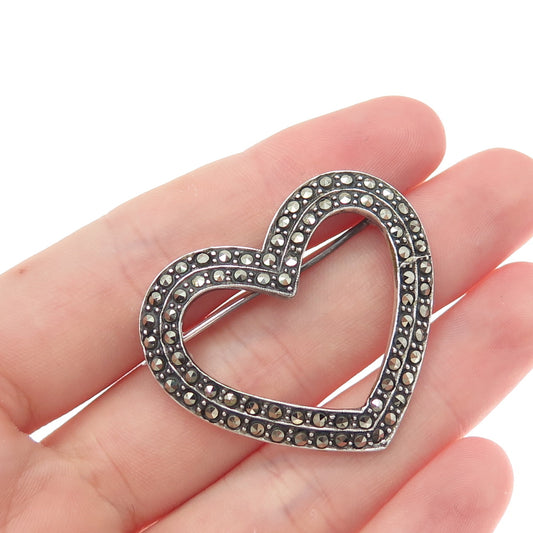 925 Sterling Silver Vintage Real Marcasite Open Heart Oxidized Pin Brooch