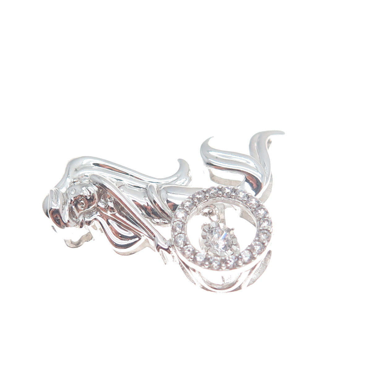 925 Sterling Silver Round-Cut C Z Mermaid Charm Slide Pendant