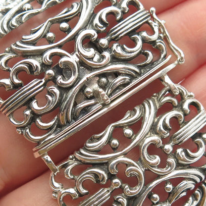 925 Sterling Silver Vintage Ornate Wide Panel Link Bracelet 7"