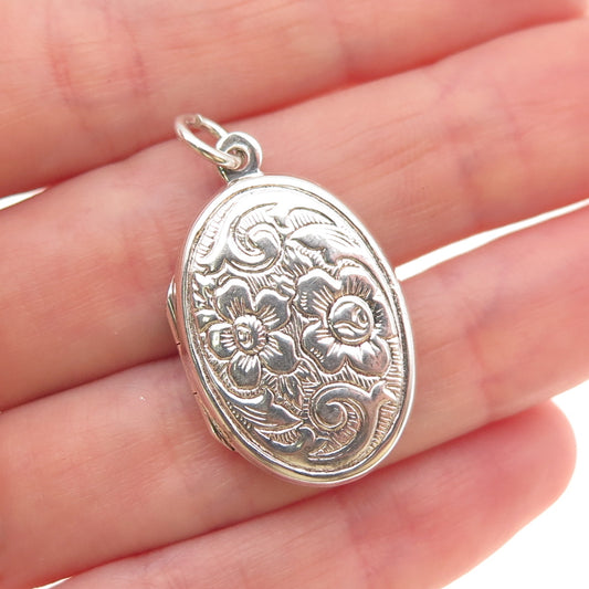 925 Sterling Silver Vintage Floral Repousse Locket Charm Pendant