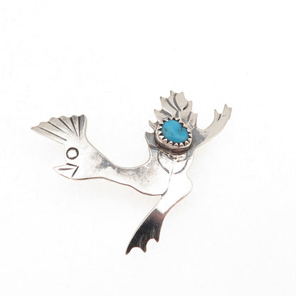 Handmade Indian Jewelry Old Pawn 925 Sterling Turquoise Roadrunner Pin Pendant