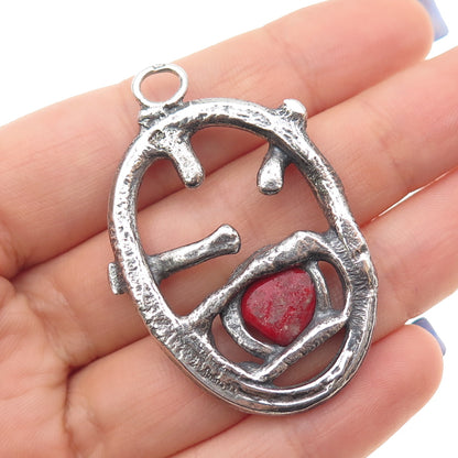 925 Sterling Silver Vintage Enamel Modernist Heart Oxidized Pendant