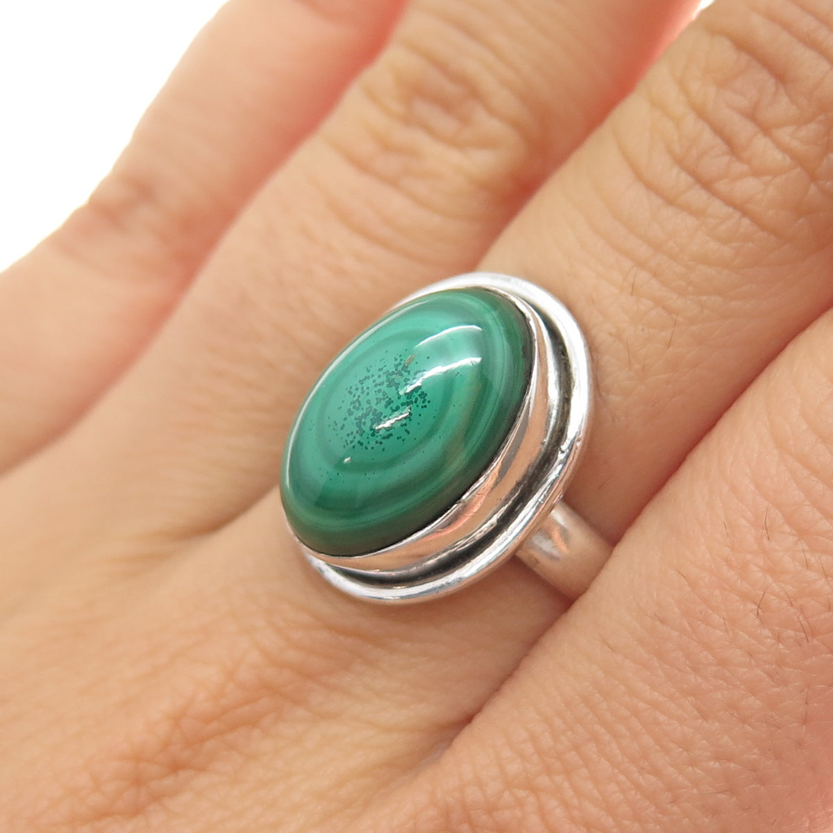 925 Sterling Silver Vintage Real Malachite Modernist Ring Size 7.75