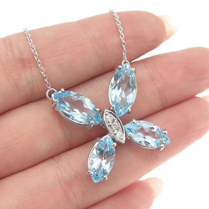 925 Sterling Silver Real White Diamond & Blue Topaz Gem Butterfly Necklace 18"