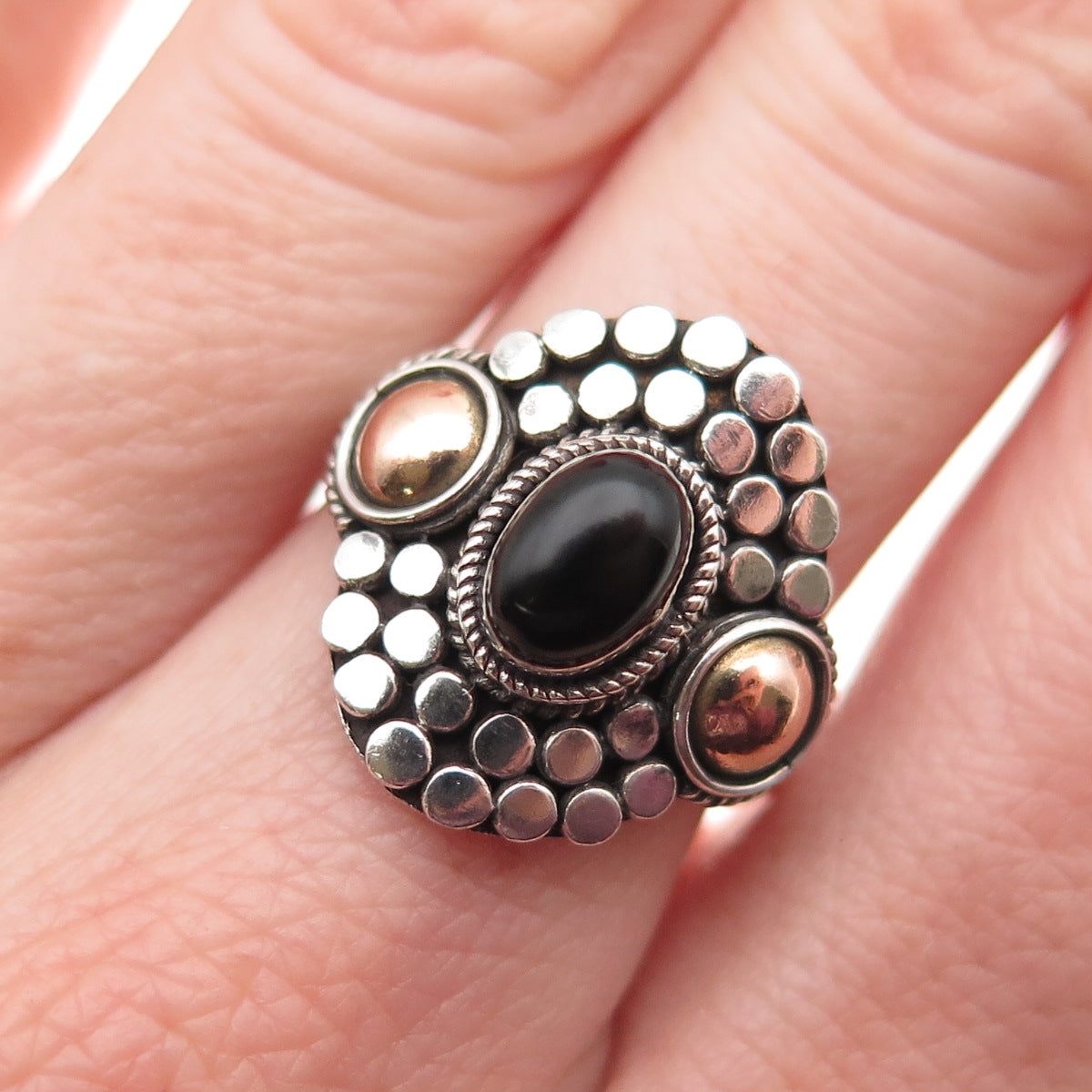 925 Sterling Silver 2-Tone Vintage Real Black Onyx Dotted Oxidized Ring Size 7