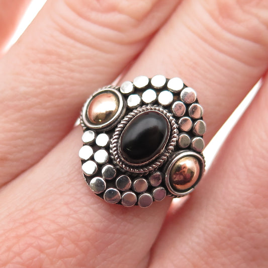 925 Sterling Silver 2-Tone Vintage Real Black Onyx Dotted Oxidized Ring Size 7