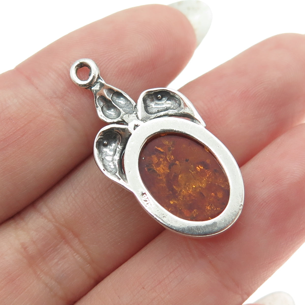 925 Sterling Silver Vintage Real Amber Fleur de Lis Pendant