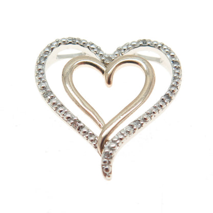 925 Sterling Silver 2-Tone Real Round-Cut Diamond Heart Slide Pendant