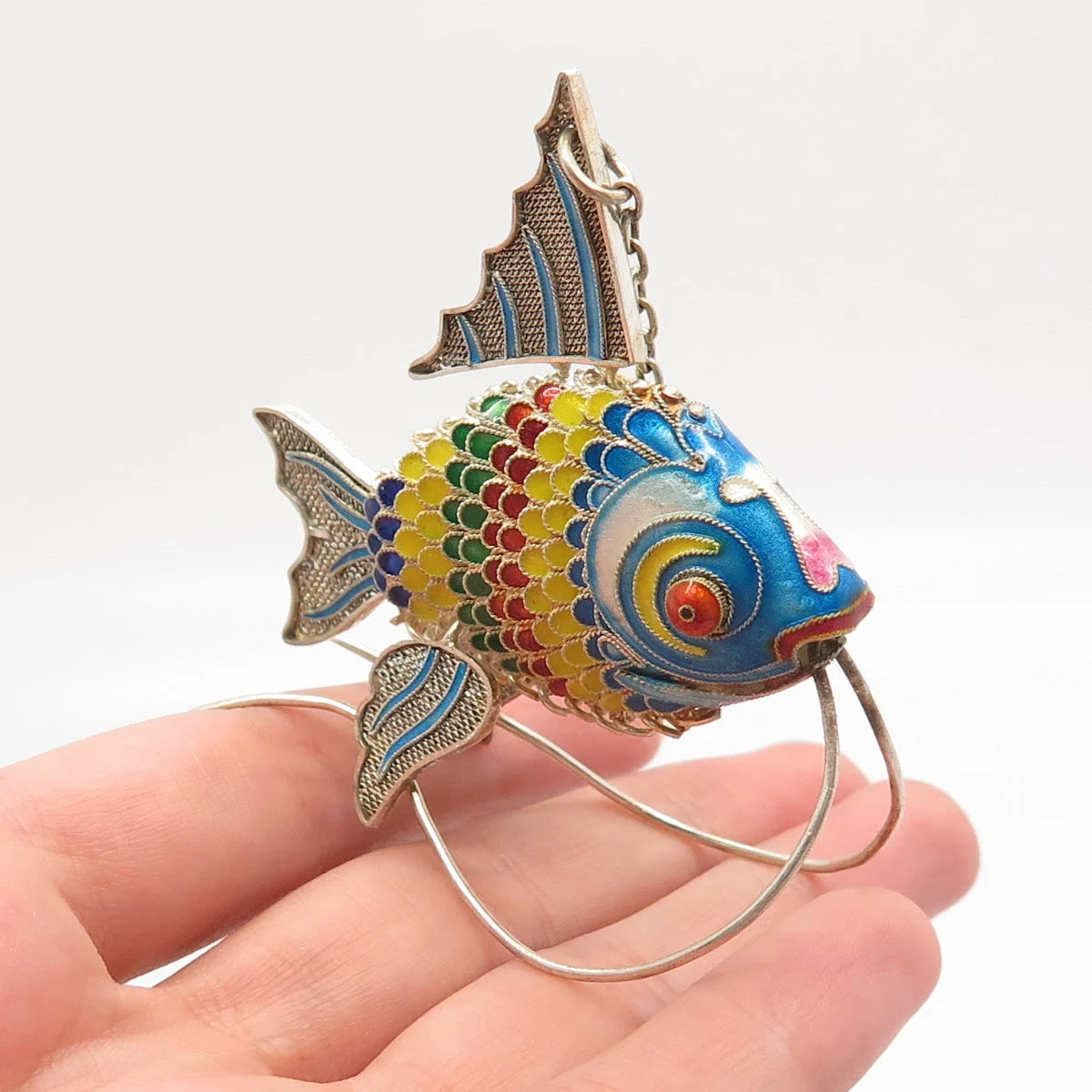925 Sterling Silver Colorful Enamel Antique Articulated Chinese Koi Fish Fob