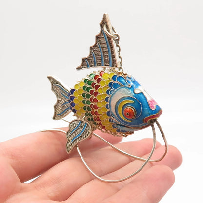 925 Sterling Silver Colorful Enamel Antique Articulated Chinese Koi Fish Fob