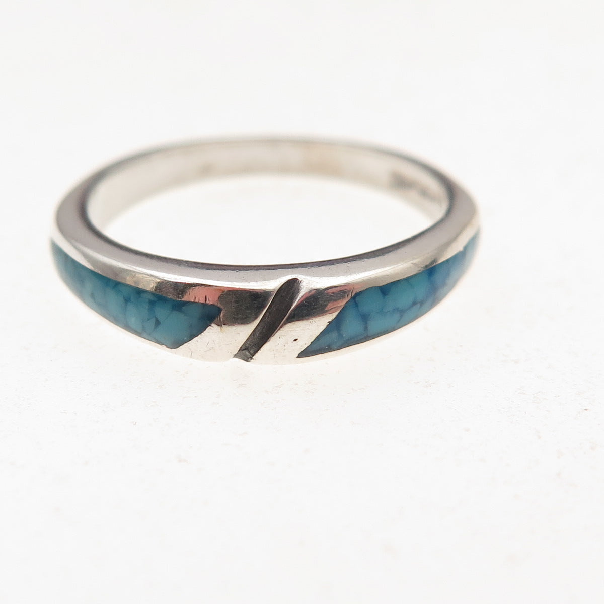 Old Pawn 925 Sterling Silver Vintage Southwestern Turquoise Inlay Ring Size 6