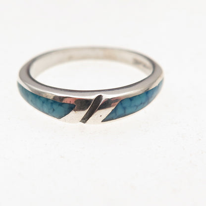 Old Pawn 925 Sterling Silver Vintage Southwestern Turquoise Inlay Ring Size 6
