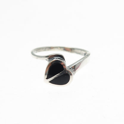 925 Sterling Silver Vintage Real Black Onyx Modernist Heart Ring Size 8