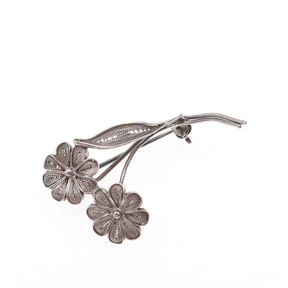 800 Silver Antique Art Deco Daisy Flower Filigree Oxidized Pin Brooch