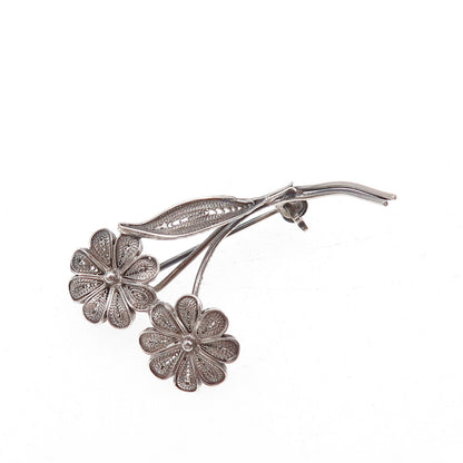 800 Silver Antique Art Deco Daisy Flower Filigree Oxidized Pin Brooch