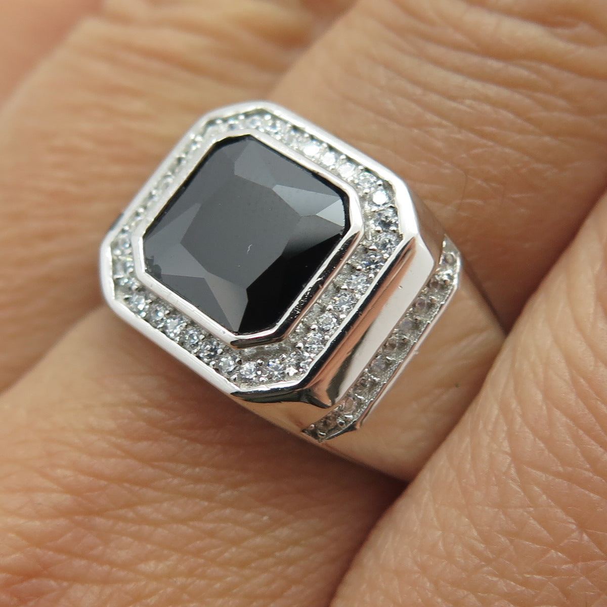 925 Sterling Silver Radiant-Cut Black & Round White C Z Ring Size 8.25