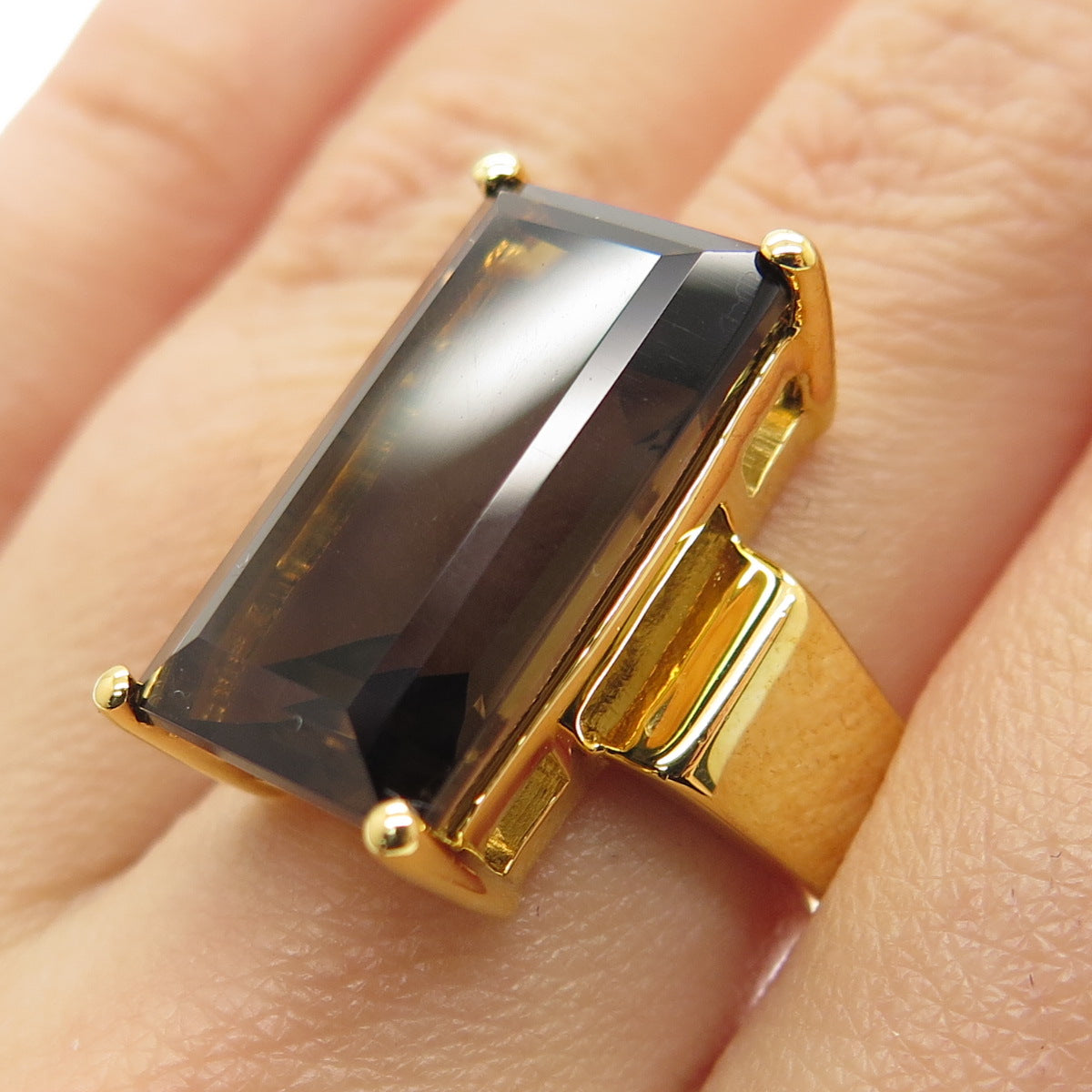 925 Sterling Silver Gold Plated Real Smoky Quartz Statement Ring Size 5.25