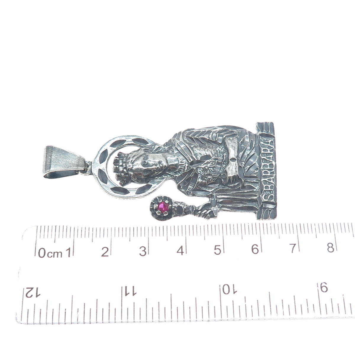 925 Sterling Silver Vintage Real Ruby St. Barbara Diamond-Cut Oxidized Pendant