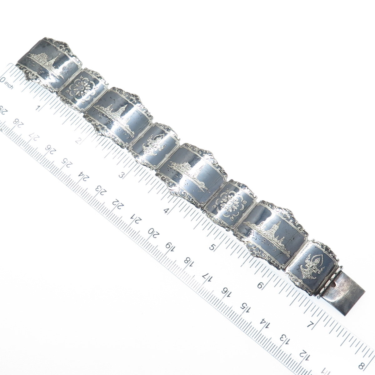 THAI NAKON 925 Sterling Silver Antique Siam Niello Hindu Oxidized Bracelet 7"