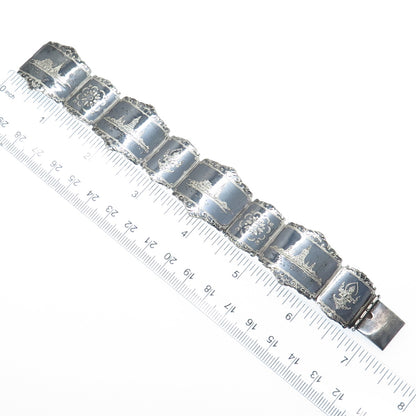 THAI NAKON 925 Sterling Silver Antique Siam Niello Hindu Oxidized Bracelet 7"