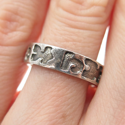 925 Sterling Silver Vintage Runic Symbols Oxidized Adjustable Band Ring Size 6