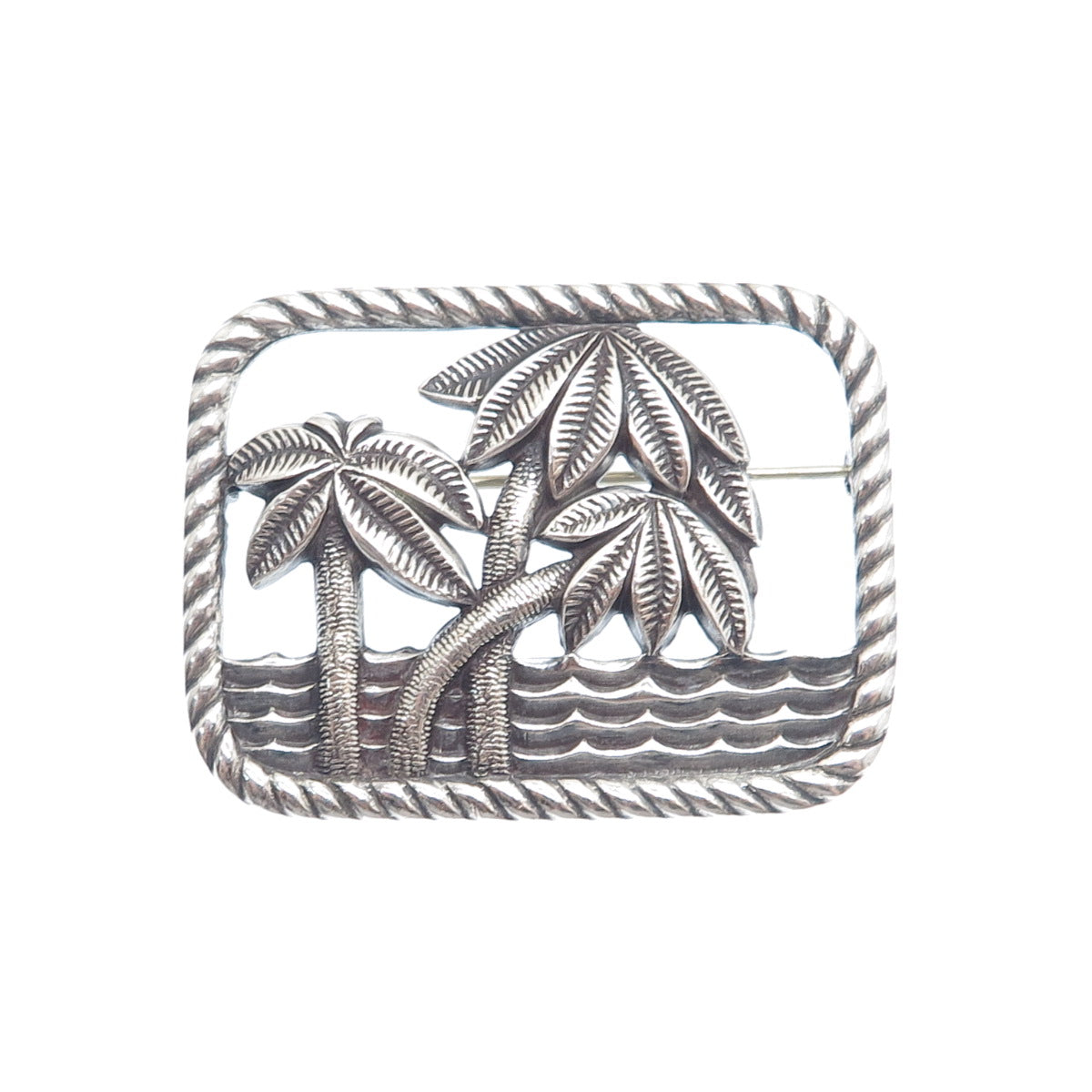 925 Sterling Silver Vintage Paradise Beach Palm Tree Oxidized Pin Brooch