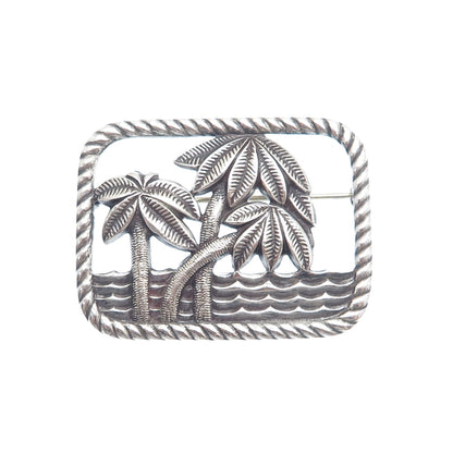 925 Sterling Silver Vintage Paradise Beach Palm Tree Oxidized Pin Brooch
