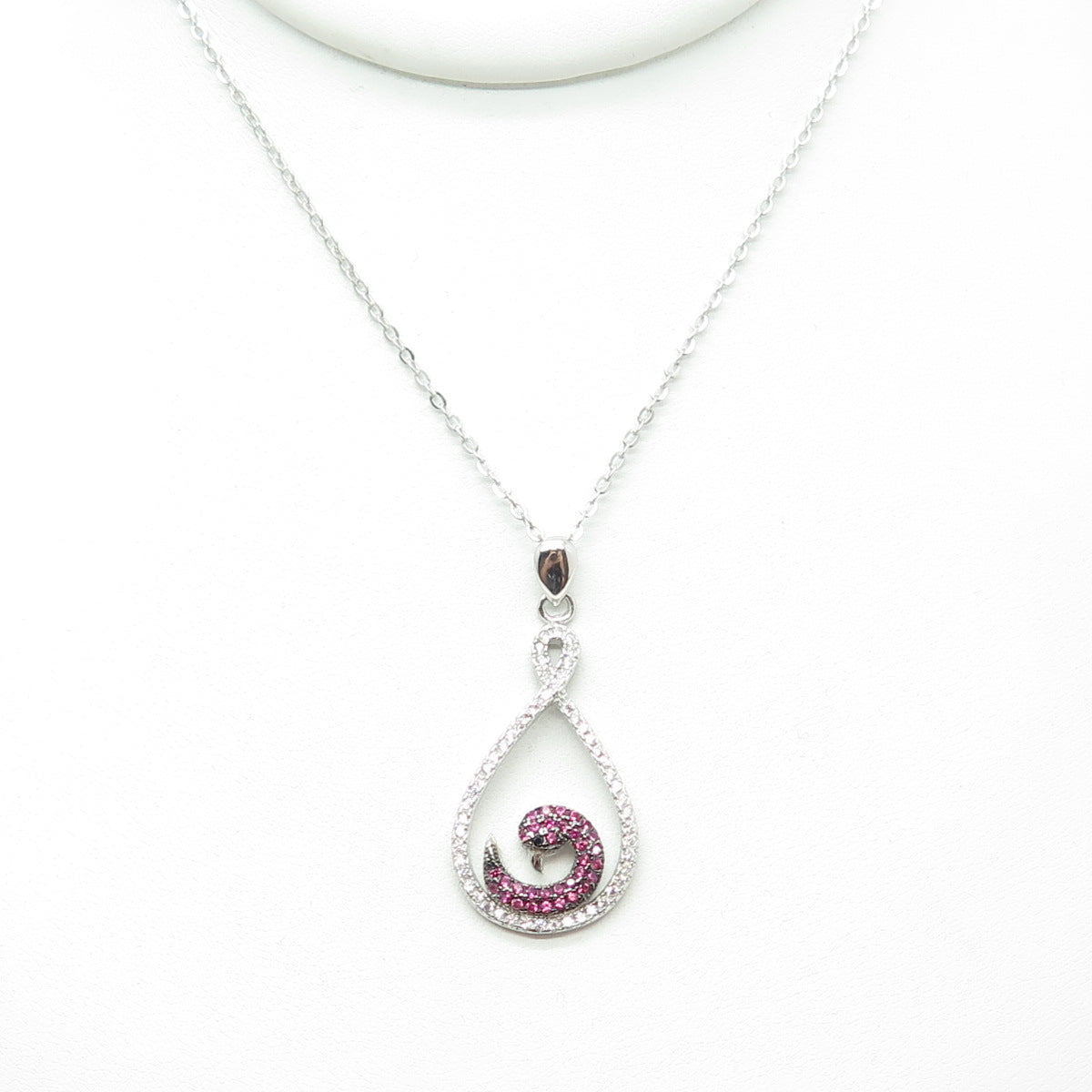 925 Sterling Silver Pink Sapphire Black Spinel C Z Swan Cable Chain Necklace 18"