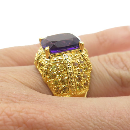 925 Sterling Silver Gold Plated Real Diamond Amethyst & Citrine Gem Ring Size 6
