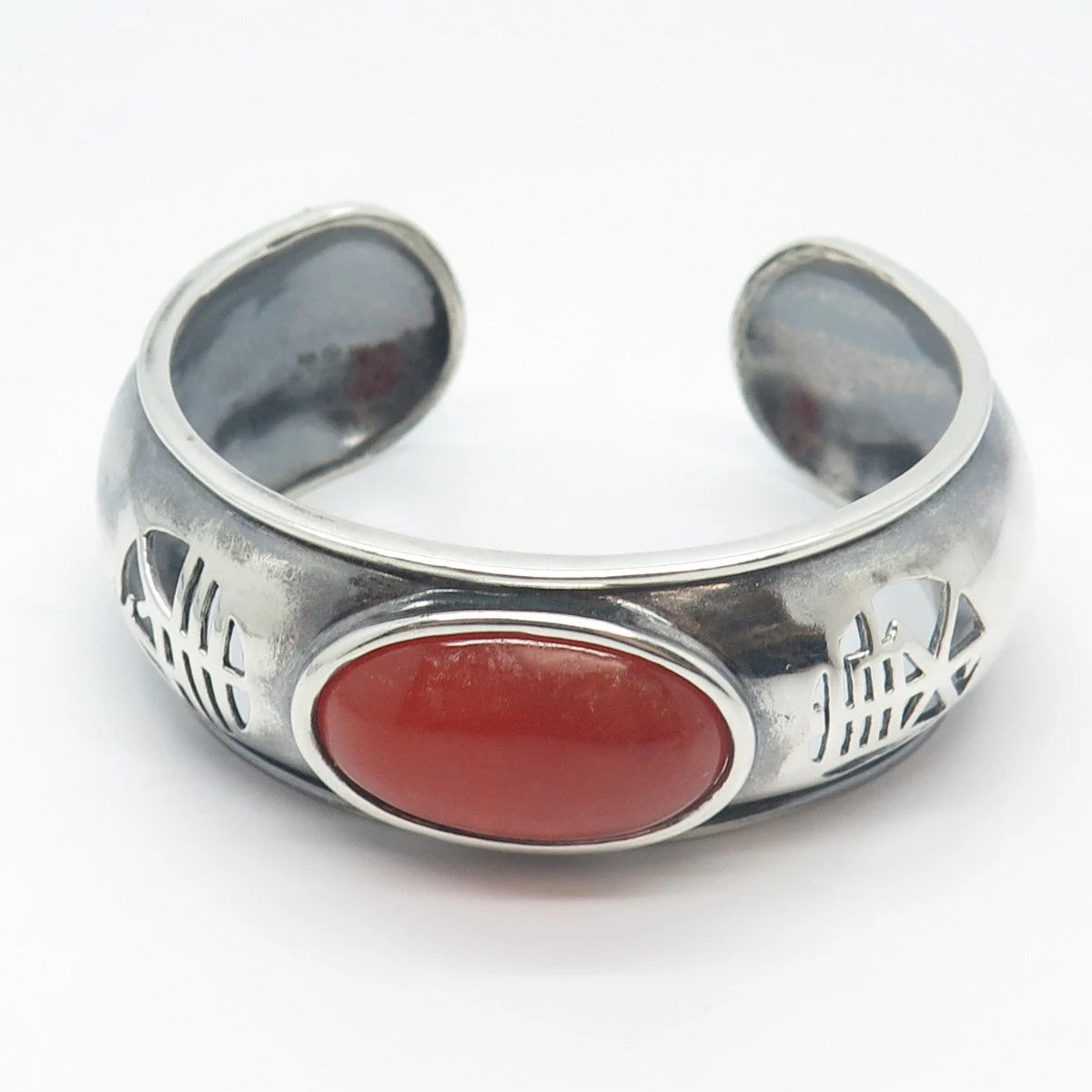 925 Sterling Silver Vintage Real Red Jade Gemstone Adjustable Cuff Bracelet 7.5"