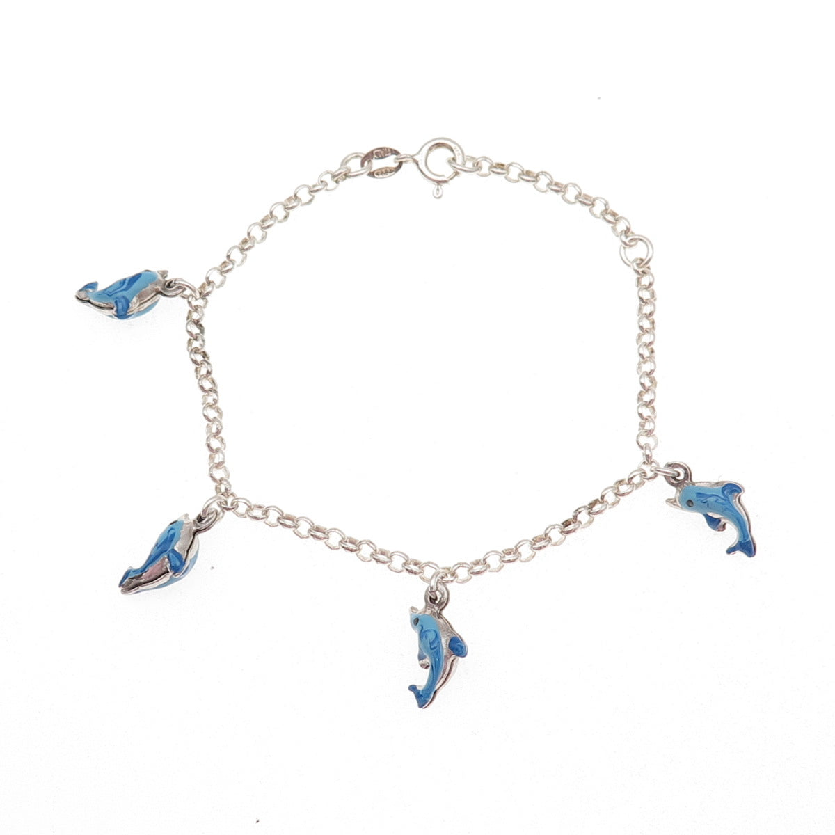 925 Sterling Silver Vintage Italy Enamel Dolphin Rolo Link Bracelet 5.75-6.75"