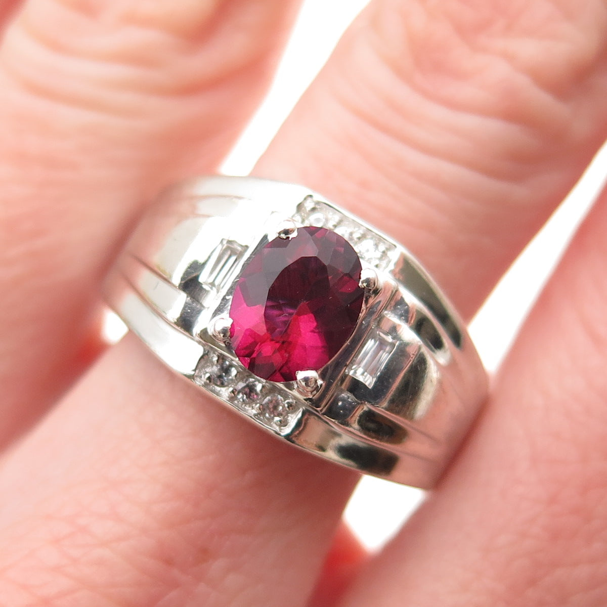 D'JOY 925 Sterling Silver Real Pink Tourmaline & White Topaz Ring Size 10