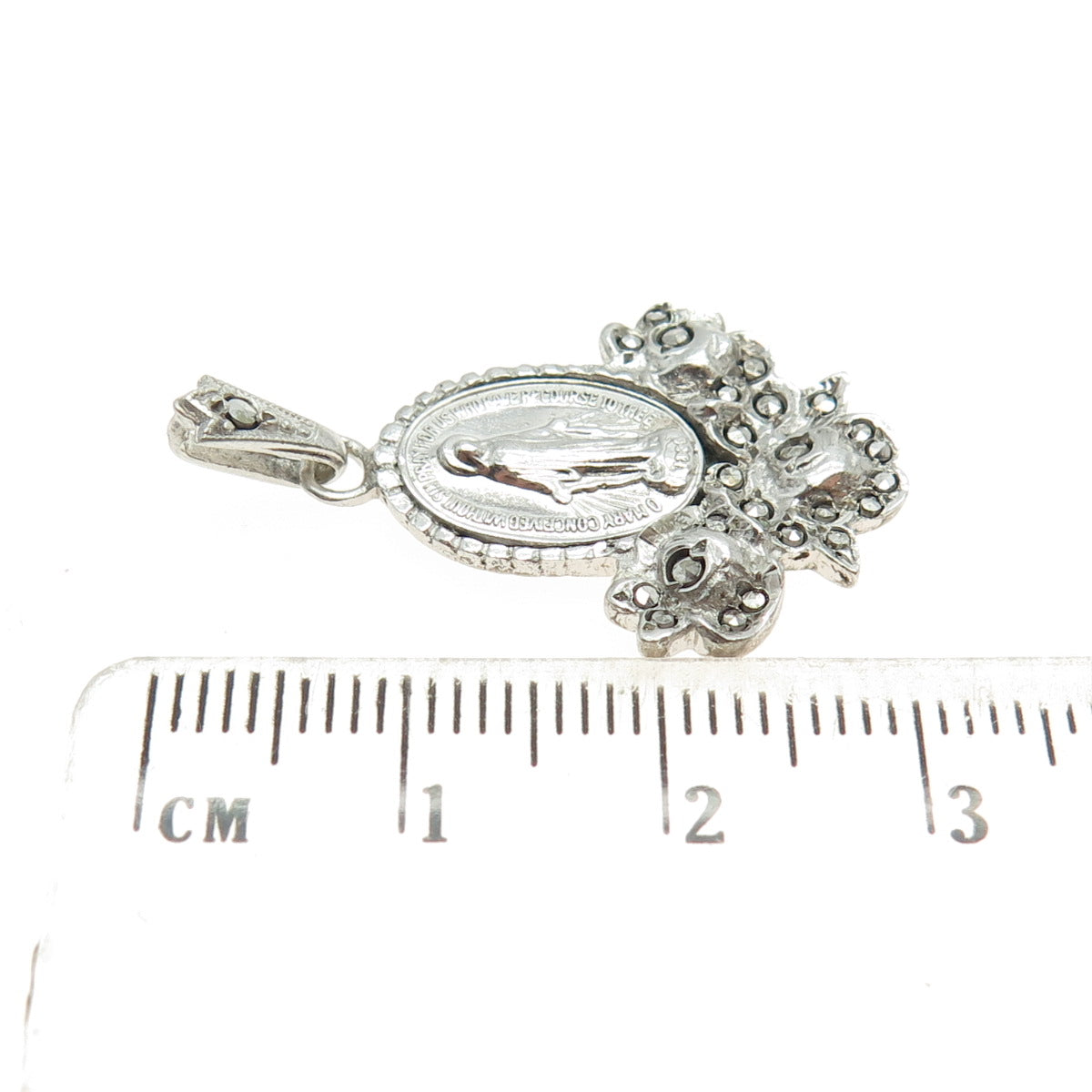 925 Sterling Silver Antique Marcasite Gem St. Mary Miraculous Religious Pendant