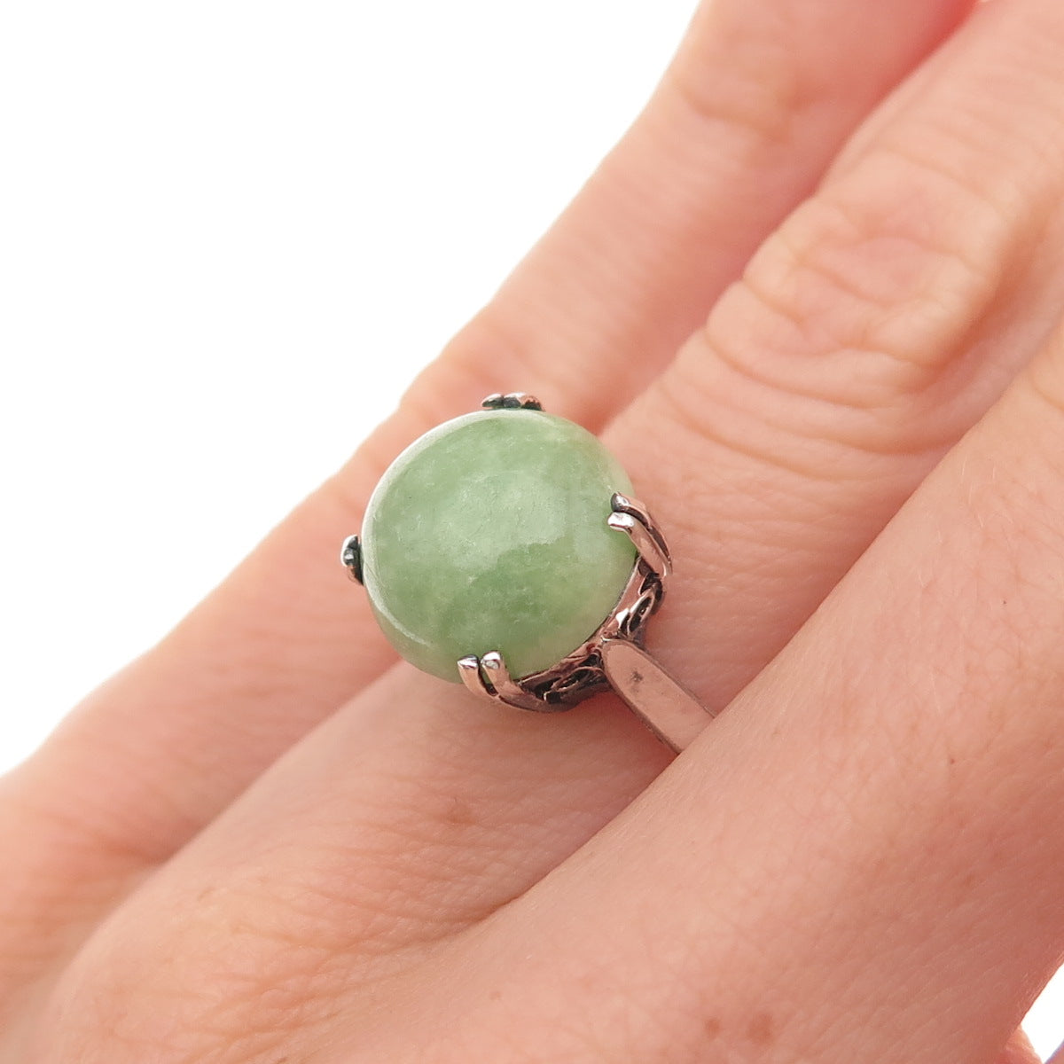925 Sterling Silver Vintage Real Jade Oxidized Ring Size 5.75