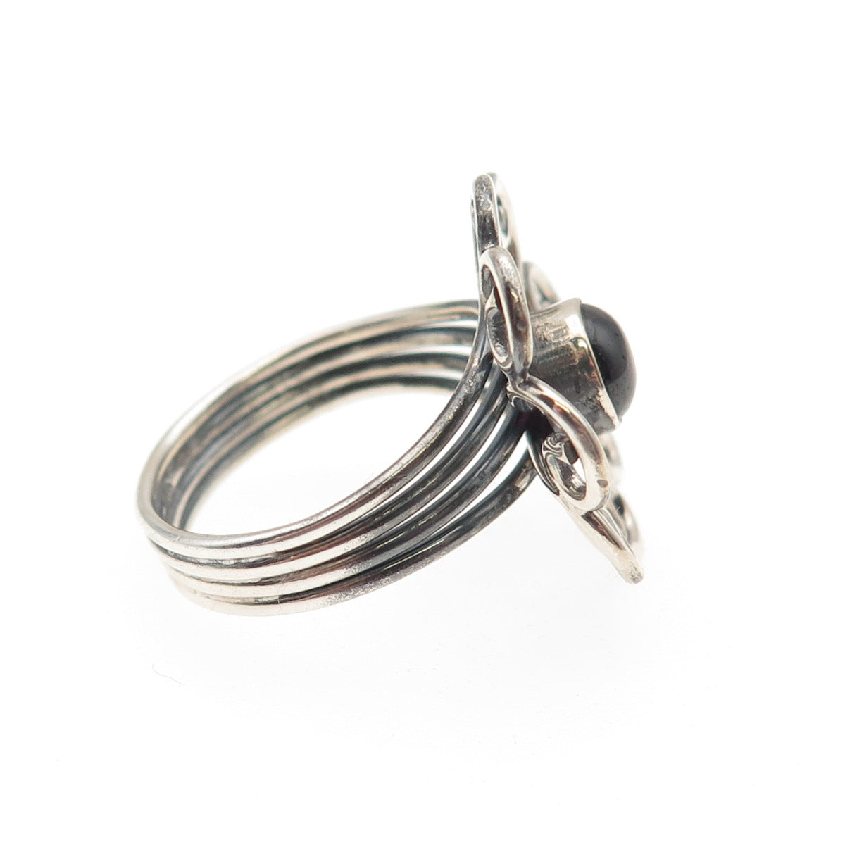 925 Sterling Silver Vintage Real Rhodolite Swirl Flower Oxidized Ring Size 8.25