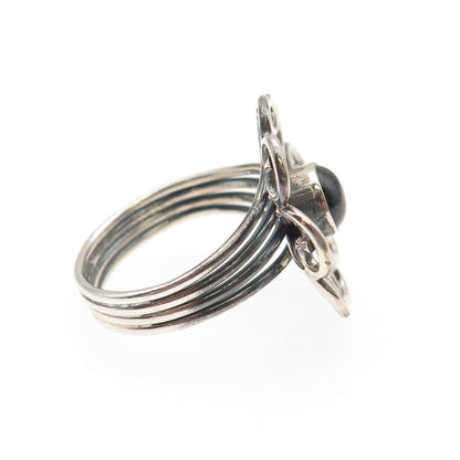 925 Sterling Silver Vintage Real Rhodolite Swirl Flower Oxidized Ring Size 8.25