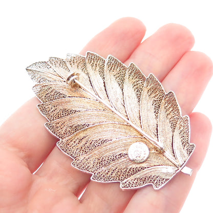 925 Sterling Silver Gold Plated Vintage GV Portugal Filigree Floral Leaf Brooch