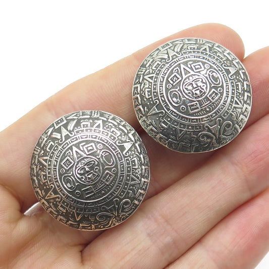 925 Sterling Silver Vintage Mexico Mayan Calendar Oxidized Clip On Earrings