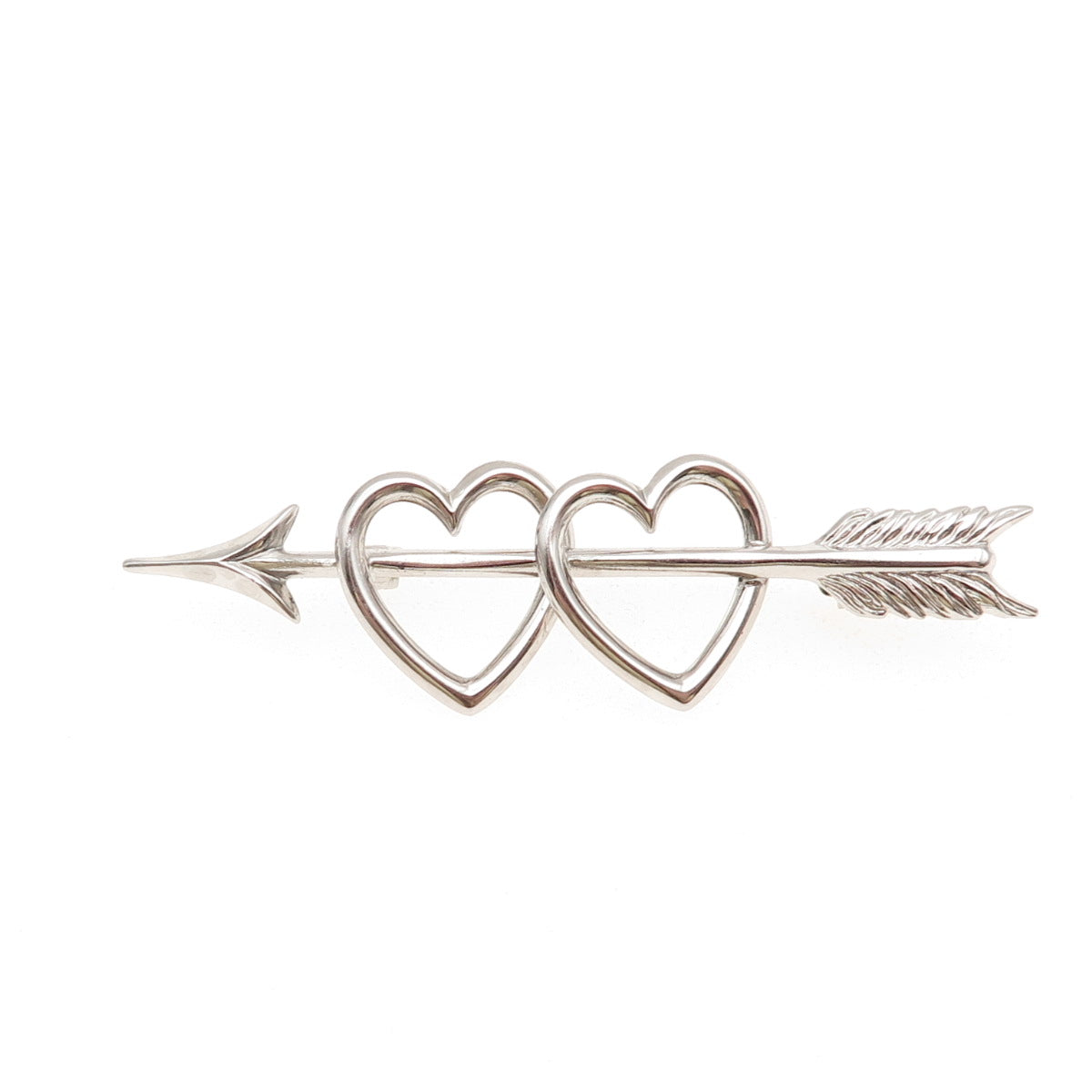 BEAU 925 Sterling Silver Antique Art Deco Couple Heart Arrow Pin Brooch