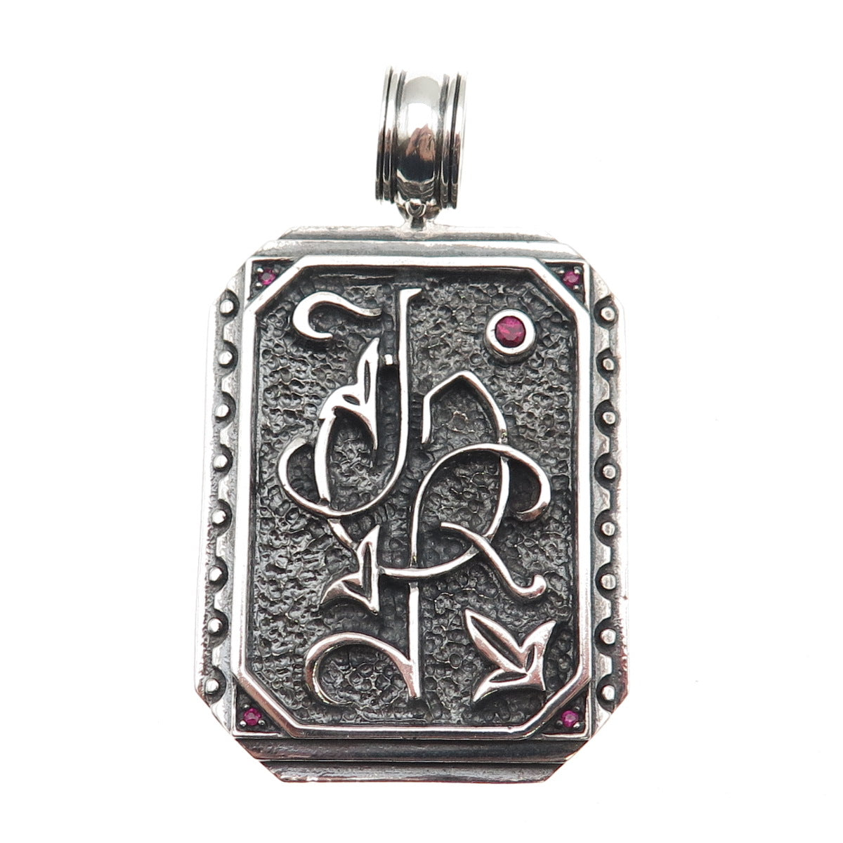 Jolusa 925 Sterling Silver Black Rhodium Real Ruby JOF Monogram Pendant