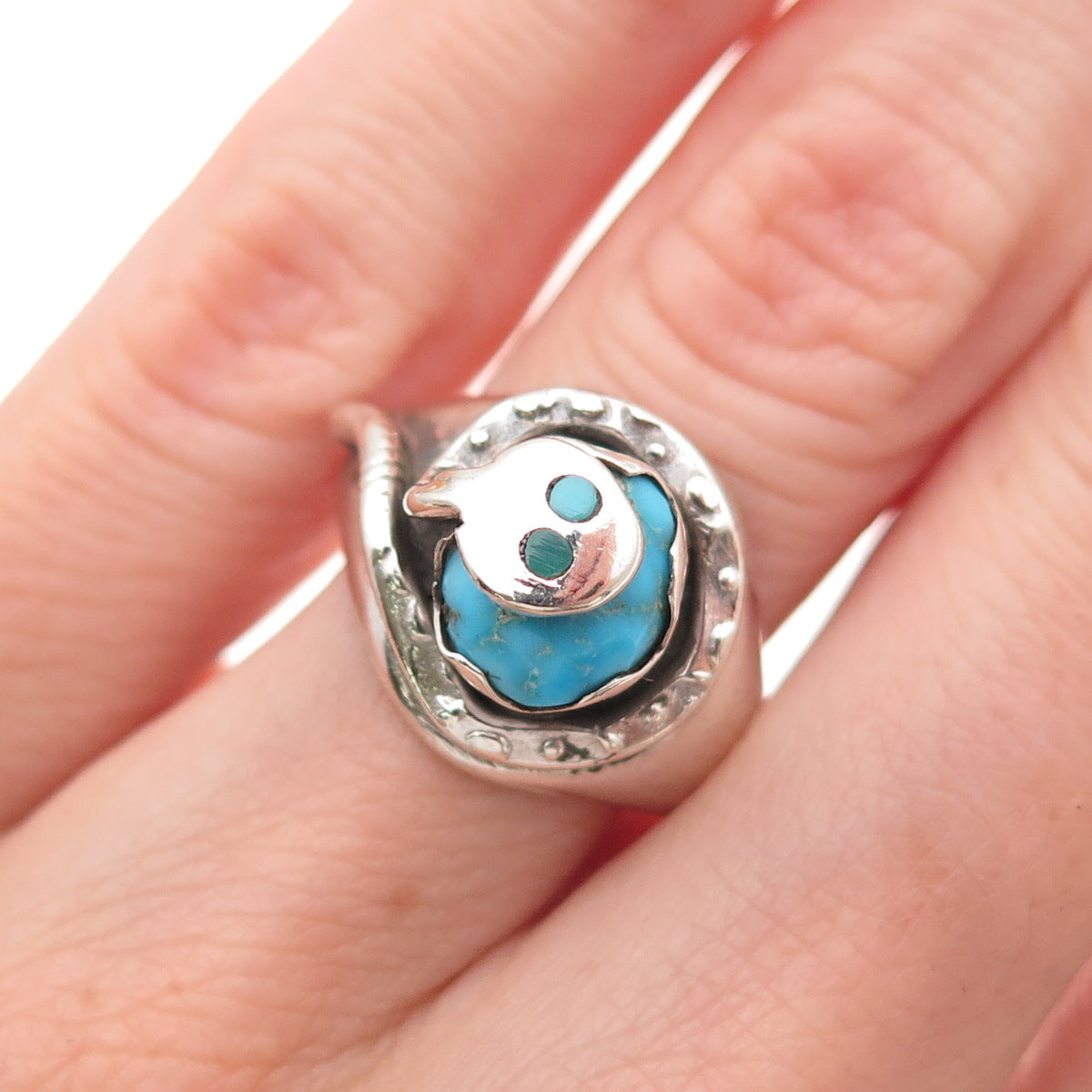 Effie Calavaza Zuni Old Pawn Sterling Silver Vintage Turquoise Snake Ring Size 6