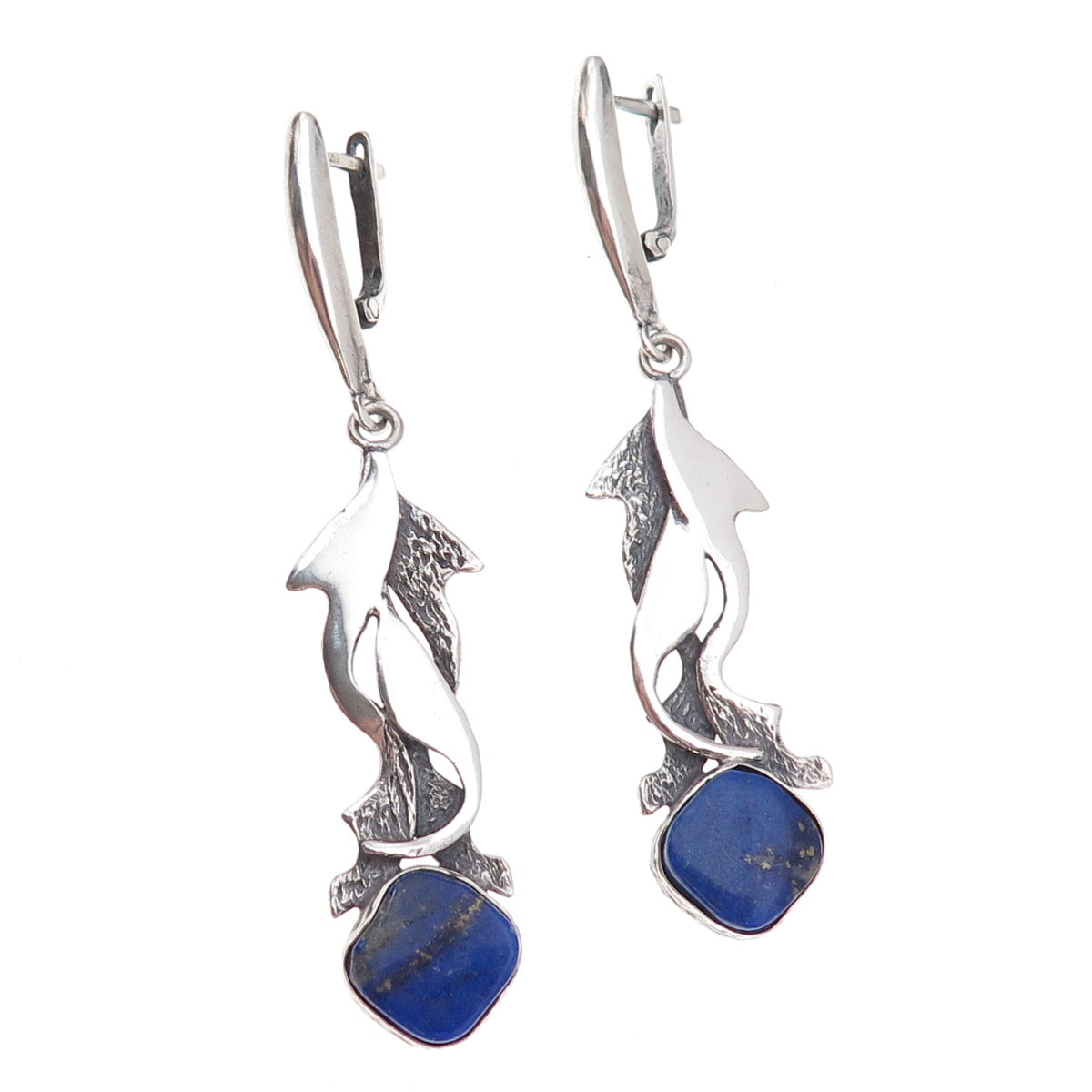 925 Sterling Silver Vintage Poland Real Lapis Modernist Oxidized Dangle Earrings