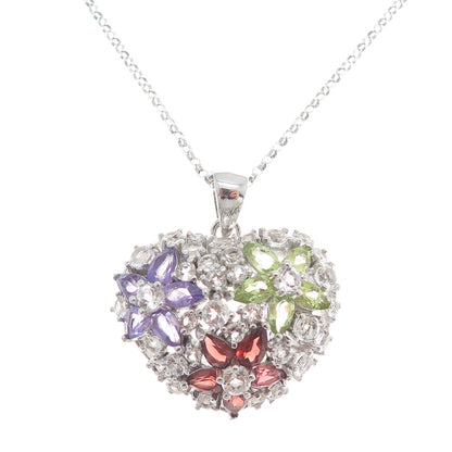925 Sterling Silver Real Amethyst Topaz Peridot Garnet Heart Chain Necklace 18"