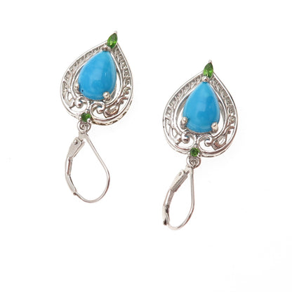 Chuck Clemency 925 Sterling Silver Real Turquoise Peridot Heart Dangle Earrings
